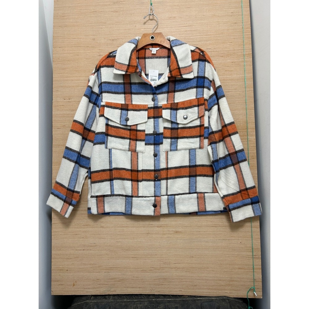 Cato Plaid Shacket‎ Jacket Women Size S Orange Blue White Button Down Pockets